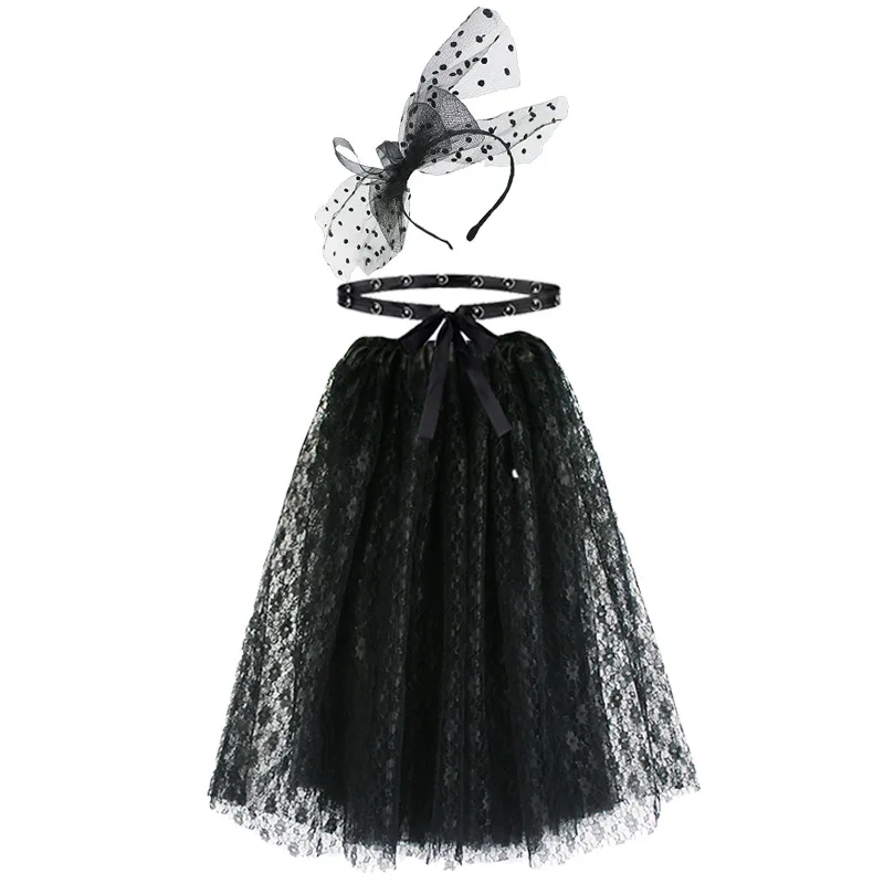 Kids size (8-16Y) Комплект аксессуаров для костюма 80, включает черную повязку на голову с бантом, черную кружевную юбку и тонкий пояс для женщин и девочек - Цвет: Kids size (8-16Y)