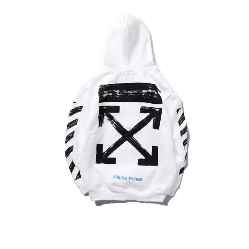 

Men Hoodies Streetwear OFF Graffiti Arrow Diagonal Stripes Loose Hoodie Plus Velvet Sweatshirt White Black Hoodies Couple Tops
