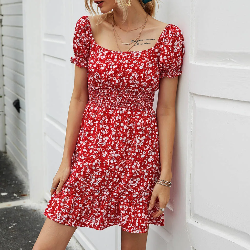 Повседневное платье в стиле бохо с коротким рукавом Платья цветочным рисунком