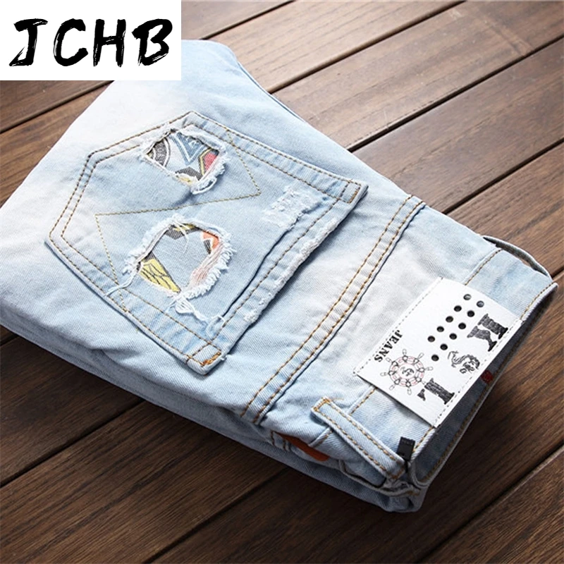

Jeans Men Stretch Destroyed Ripped Design Fashion Badge Patchwork Skinny Jeans For Man Slim Fit Biker Holes Cotton Denim Pants