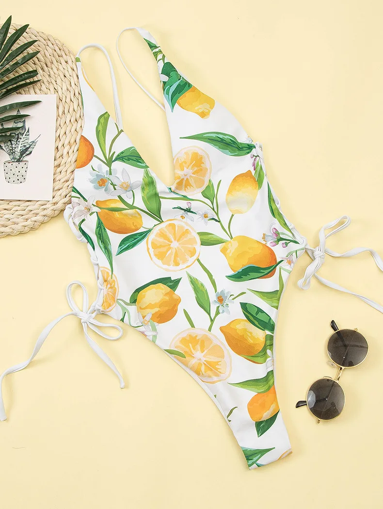 Цельный купальник бикини с фруктовым принтом глубоким V образным вырезом