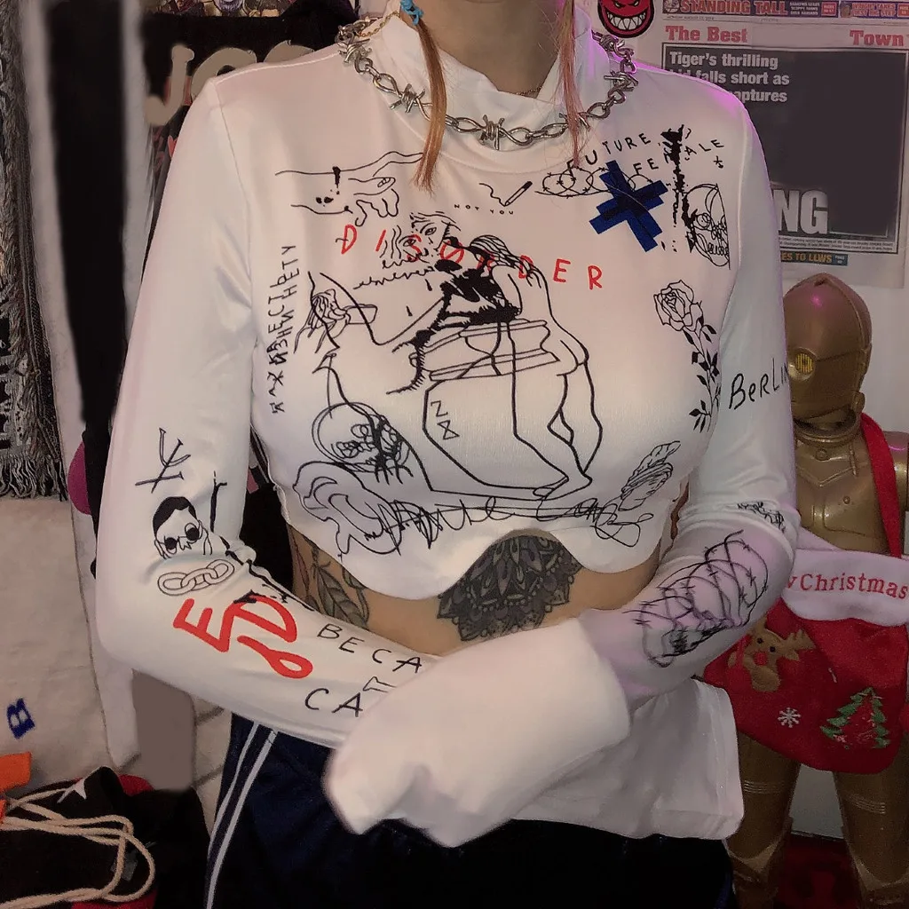 Харадзюку женская футболка с длинным рукавом и o-образным вырезом сексуальное