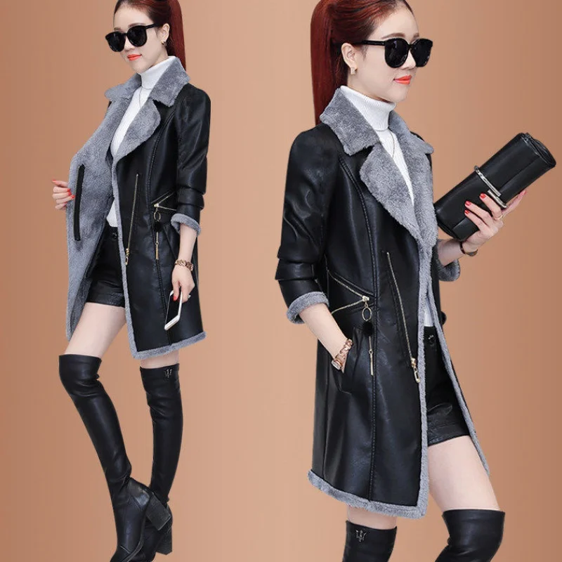 Новинка женский длинный тренчкот из кожи на осень и зиму теплое пальто