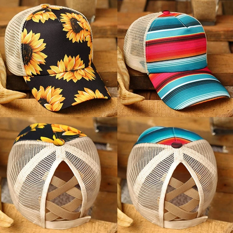 

Sunflower Rainbow Stripes Baseball Cap Mesh Hollow Criss Cross Ponytail Dad Hat J78E