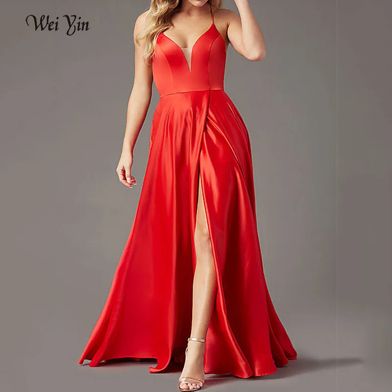 

wei yin AE0482 Sexy Red Prom Dresses High Slit Simple Satin Cheap Evening Dress vestidos Spaghetti Straps Prom Gowns