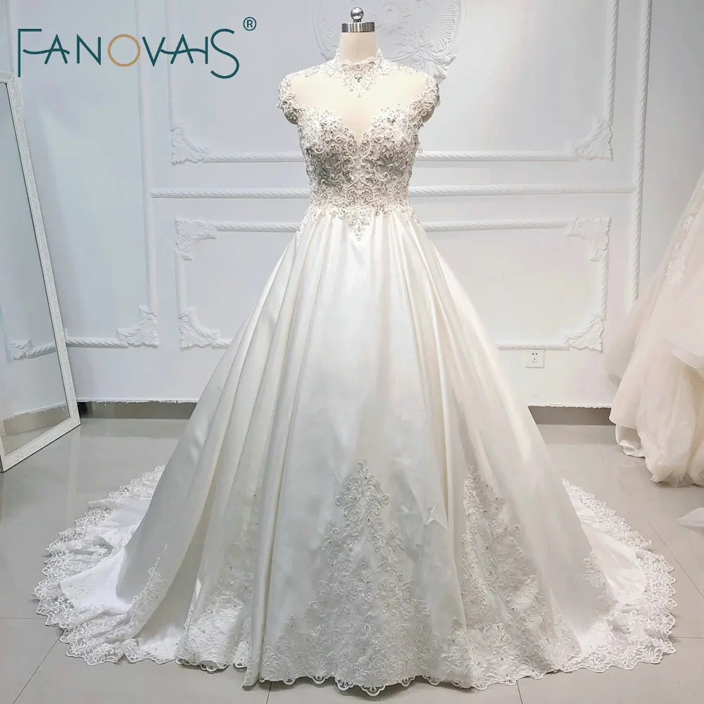 

Luxury Ball Gown Wedding Dresses Satin High Neck Lace Beads Wedding Gowns Vestido de Novia 2019 suknia slubna