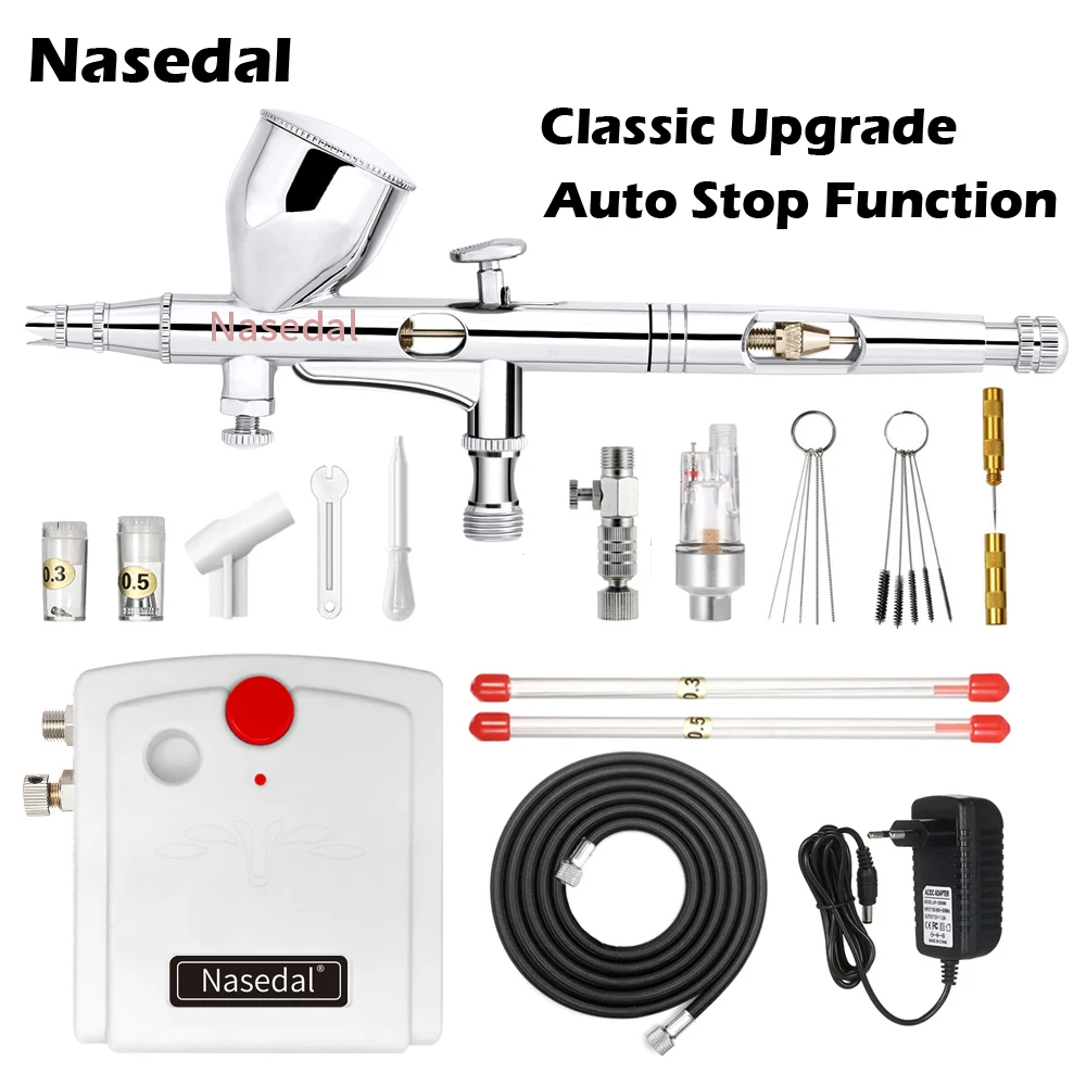 Nasedal 9cc Двойное действие Аэрограф компрессор Автоматическая остановка функция Аэрограф пистолет-распылитель дизайн ногтей торт картина автомобиля макияж модель