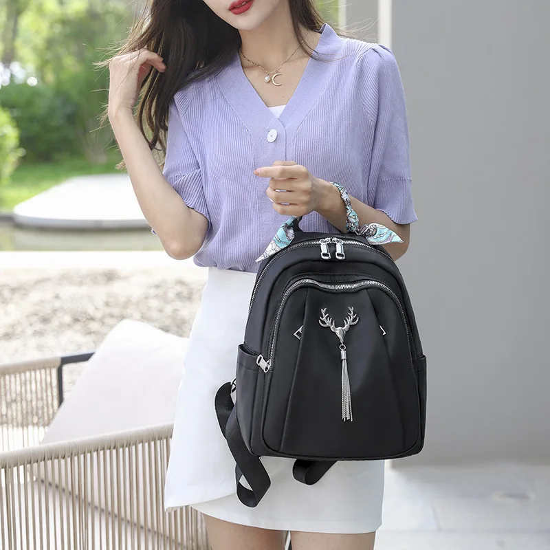

Waterproof Backpacks For Women New Deer Chain Tassel Girl Daypack Durable Nylon Travel Commute Backpack Scarf Shoulder Bags 2021