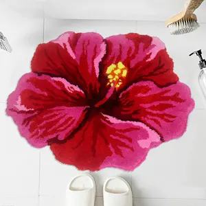 red hibiscus flower flocking rug bathroom bath mat non slip carpet 80x60cm bedroom living room flower shaggy floor pad doormat free global shipping