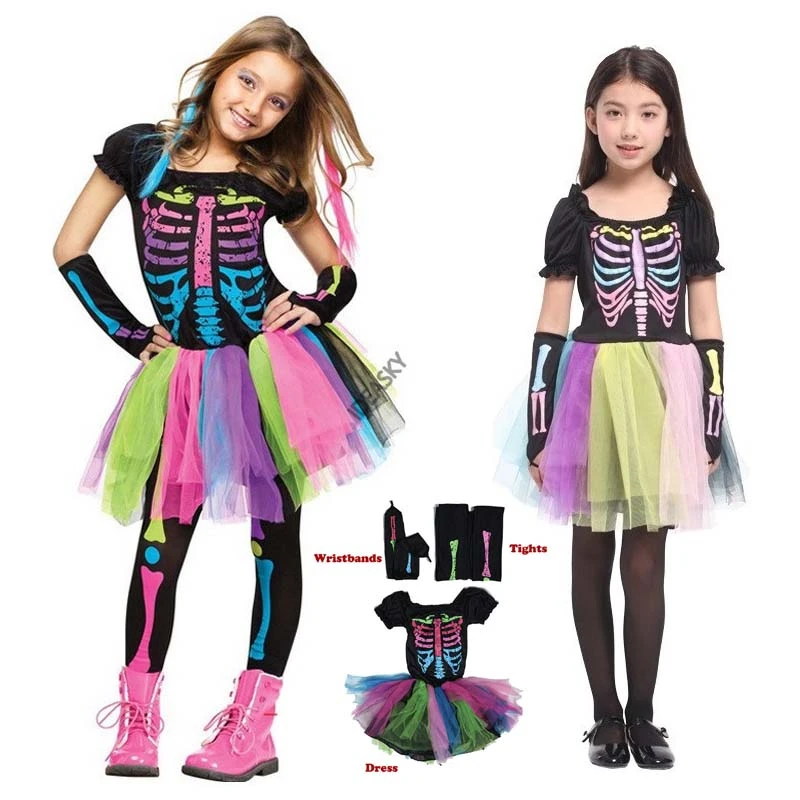Детские костюмы на Хэллоуин для девочек Радужный скелет страшная ведьма вампир