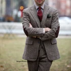 Мужской твидовый костюм, классический зимний официальный деловой костюм из трех предметов, смокинг для жениха на свадьбу, шерстяной пиджак, мужская одежда (пиджак + жилет + брюки)