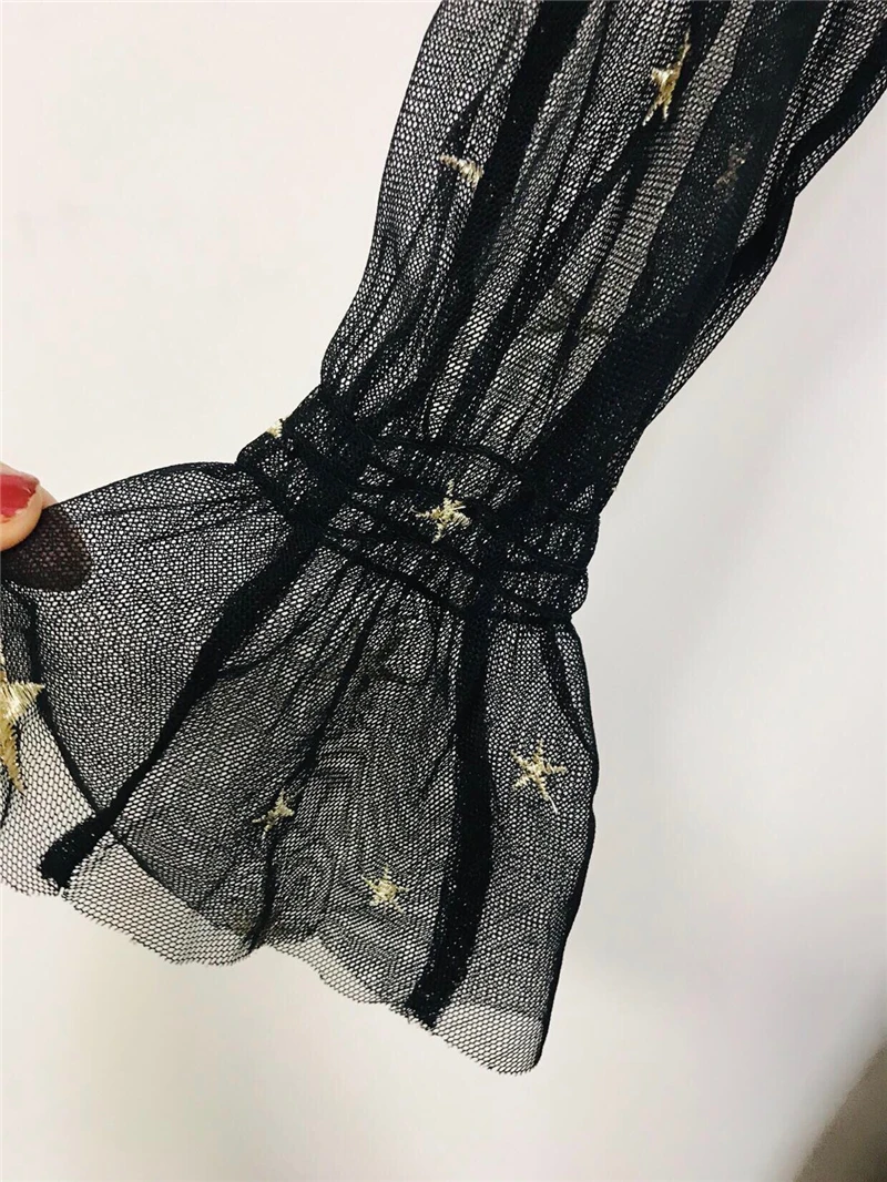 

Black dress summer woman 2020 V-neck elegant lace stars party bubble sleeve maxi asymmetric office lady casual embroidery dress