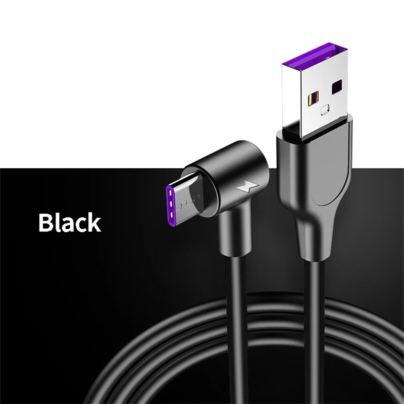Black 90 градусов 5A usb type C кабель для мобильного телефона для samsung huawei Xiaomi Redmi кабель передачи данных для быстрой зарядки для huawei type-C зарядное устройство - Color: Black