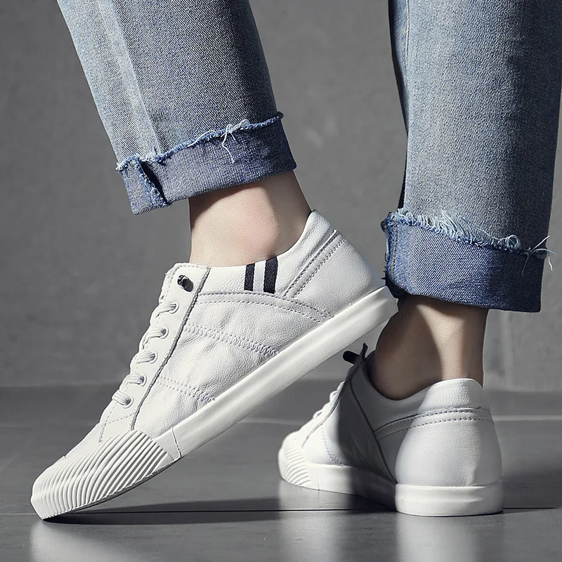 

Sneakers Men Casual Shoes Genuine Leathe mens Designer solid Classic Fashion Male Lace up Flats black white 38-44 C4