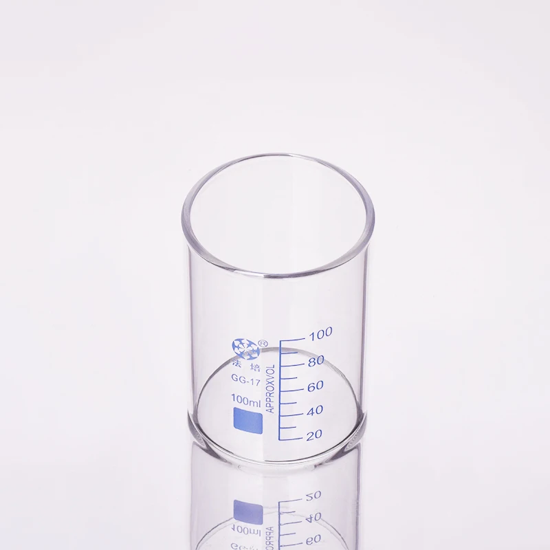Beaker in low form without spout,Capacity 100ml,Outer diameter=55mm,Thickness=1.8mm,Height=77mm,Laboratory beaker