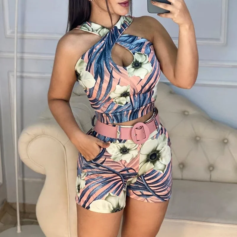 

Женский комплект из двух предметов, облегающий костюм с цветочным принтом, лямкой на шее и тропическим принтом, без рукавов, лето 2021