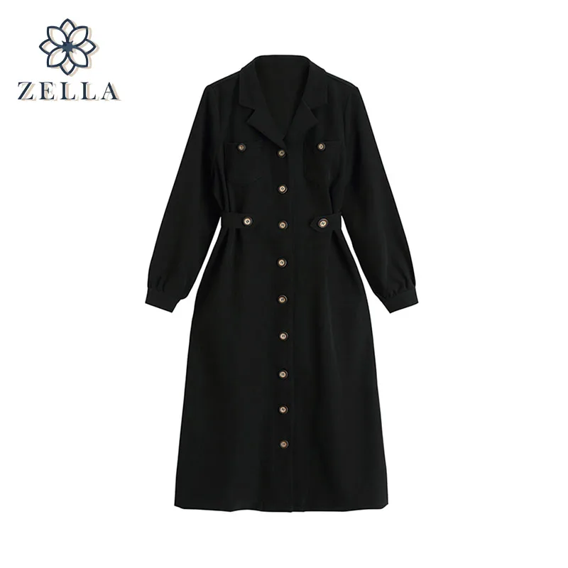 

Женское винтажное платье-миди на пуговицах, черное клетчатое платье А-силуэта с отложным воротником и длинным рукавом, Осень-зима 2021