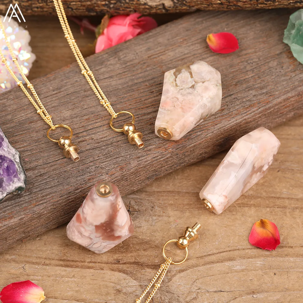 

Natural Cherry Agates Stone Diffiuer Vial Pendant Necklace For Women Plated Gold Perfume Bottle Summer Necklace Jewelry Dropship