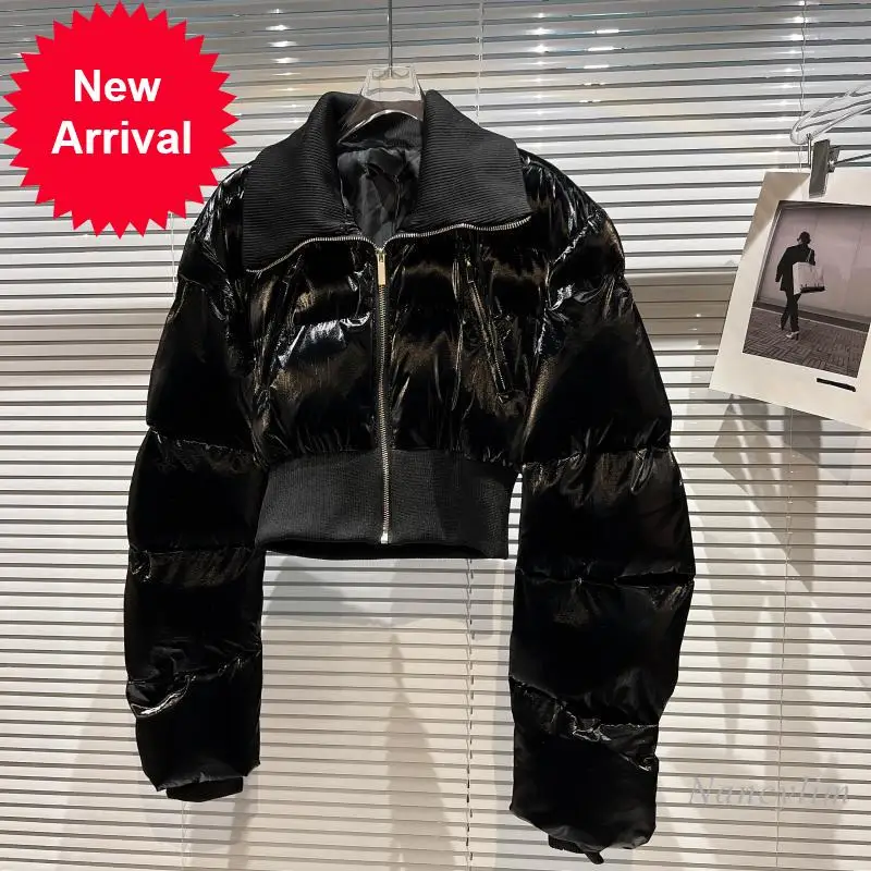 

Short Winter Coat for Women New Glossy Matte High Waist Turn Collar Cotton Padded Parkas Female Motorcycle Jackets White Black