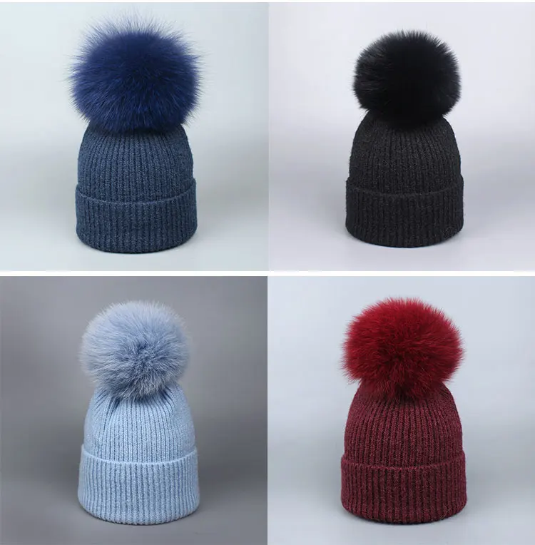 Parent-child Wool Knitted Scarf Hat Set With Real Fox Fur Pompons Women Girls Winter Warm Thick Crochet Hat Scarf 2 Pieces Sets