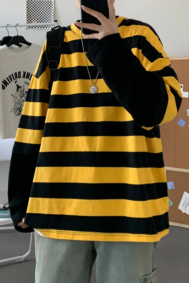 

2021 Fake Two-Piece Striped Long-Sleeved T-shirt Men's Spring and Autumn Junior High School Students plus-Sized Shirt Fashion