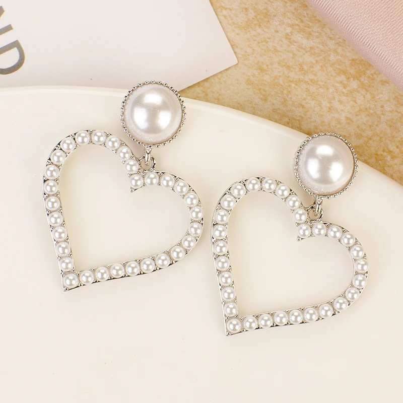 AENSOA, модные корейские золотые серебряные серьги с сердечками для женщин, большие Винтажные висячие серьги с жемчугом, вечерние ювелирные изделия