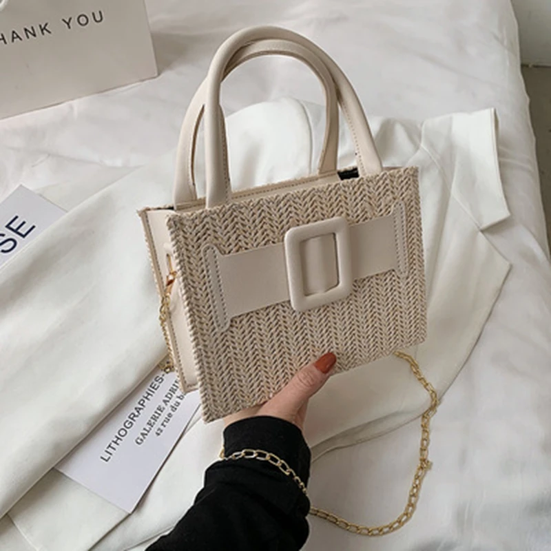 

Elegant Female Contrast Color Tote Bag 2021 Summer New High-Quality Straw Women's Designer Handbag Travel Shoulder Messenger Bag