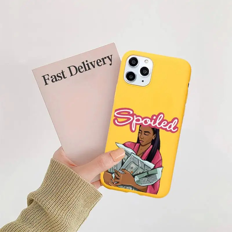 

Kash Afro Black Girl Fundas Phone Case Candy Color Yellow for iPhone 11 12 pro XS MAX 8 7 6 6S Plus X 5S SE 2020 XR