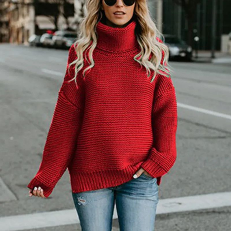 

Autumn Winter Women Turtleneck Sweaters Casual Thick Line Long Sleeve Jumpers Chic Twist Warm Sweaters Female Loose Red Sweaters