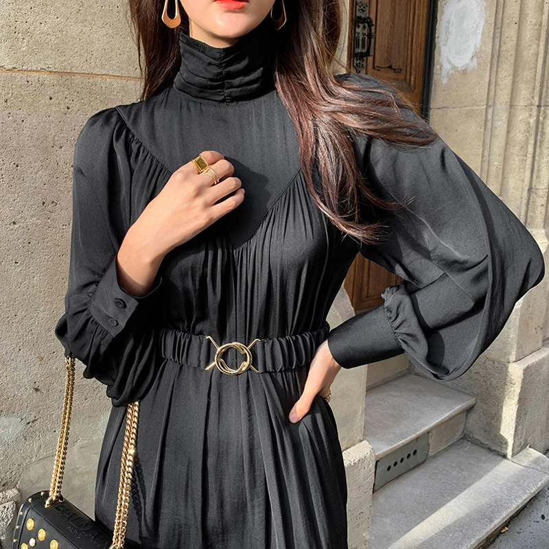 

Vintage Lantern Sleeve Chic Elegant Women's Long Dress Casual Loose Turtleneck Clothes Fashion Patchwork Dresses Female