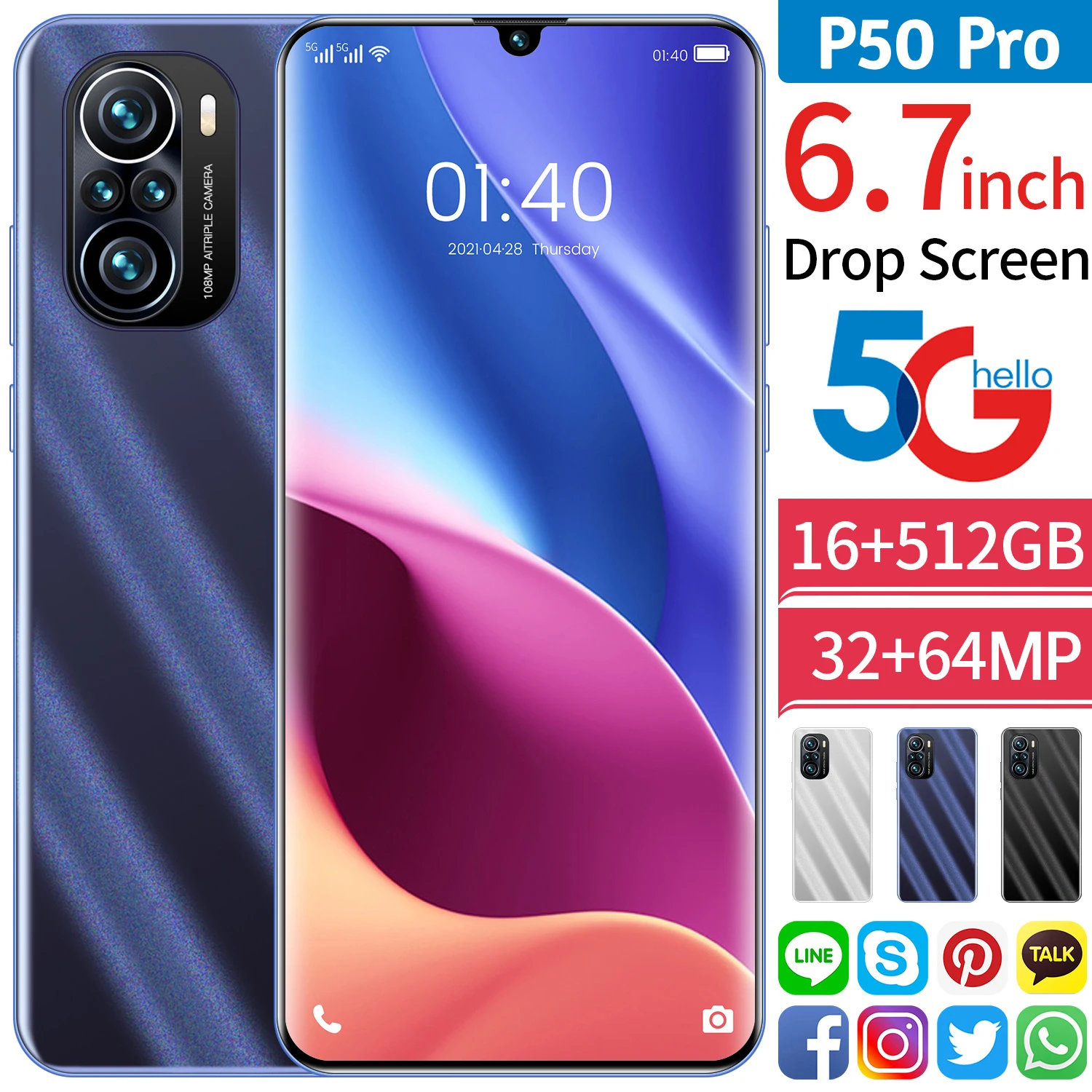 

HUAWE P50 Pro 6.7 Inch Screen Global Version 5G Smartphone 16G 512G Memery 64 MP Camera MTK6889+ Deca Core 6000mAh Mobile Phone