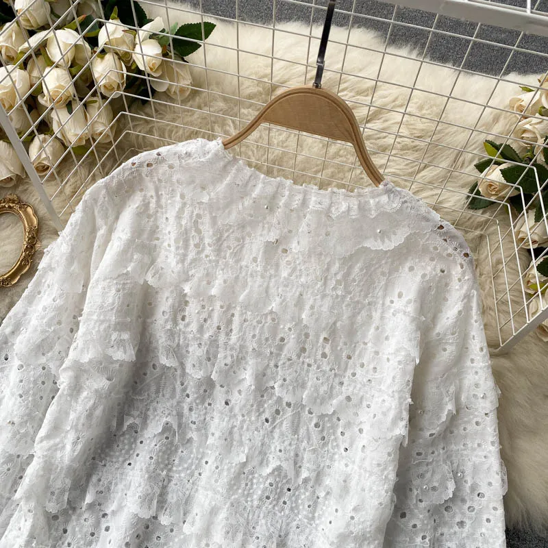 

2021 Spring Fall Cute Ladies Top Hollow Out Lace Ruffled Bead Long Sleeve Women Shirt Fashion Sweet Button Up Solid Blouses