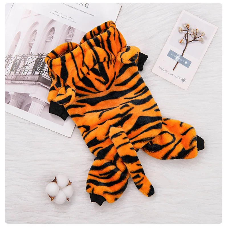 

Winter Coral Fleece Tiger Pattern Dog Pajamas Warm Puppy Jumpsuit Autumn Pets Clothes for French Bulldog Corgi Cosplay Costumes