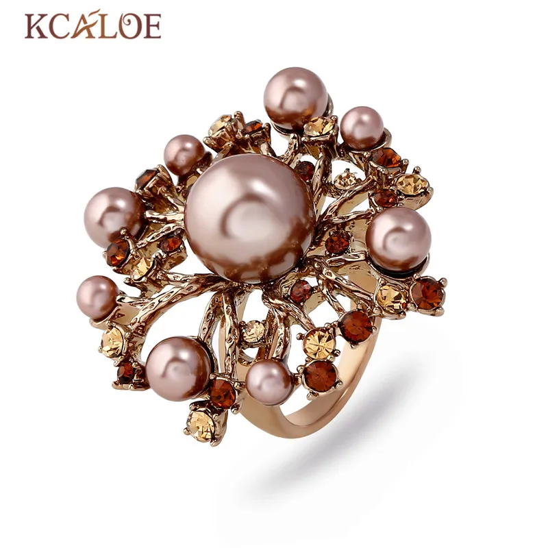 KCALOE с серым кольцо с искусственным жемчугом Кристалл Стразы Прекрасный титан золото большие цветы кольца для женщин дропшиппинг Anel