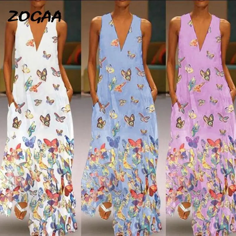 

Женское платье-макси с принтом бабочек ZOGAA, длинное платье без рукавов с V-образным вырезом в богемном стиле, праздничная одежда для вечеринк...