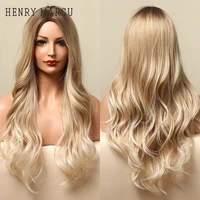 henry margu long natural wave synthetic wigs ombre brown golden blonde cosplay party wig for women middle part heat resistant