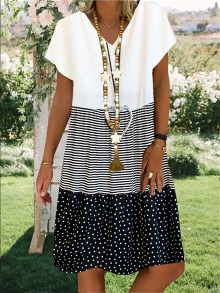 

Vintage V-neck Striped Dots Print Party Dress Women Spring Summer Short Sleeve Dress Elegant Plus Size Patchwork Casual Dresses