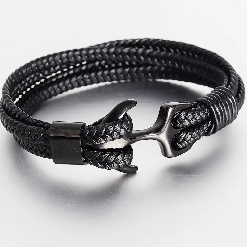 

Stainless steel men's bracelet black woven personality leather bracelet, anchored leather strap men's gift rope bracelet