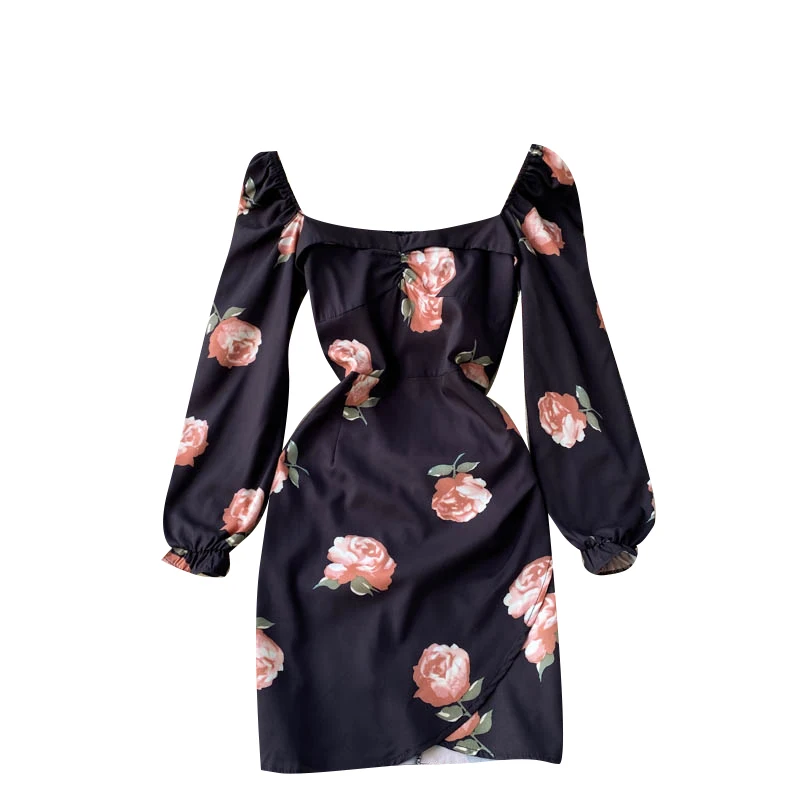 

Autumn French Flowers Retro Vestidos Female Print Temperament Square Collar Slimming Age-reducing Puff Sleeve Mini Dress DK1092
