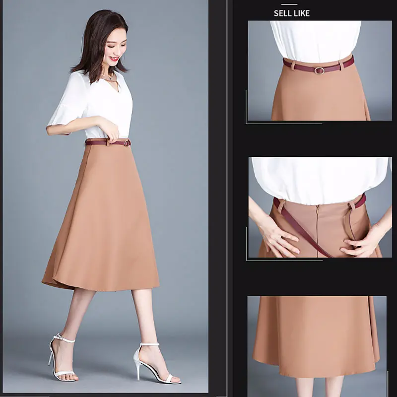 

Summer Sashes A-line Skirts Women Solid Elegant Black Pink Skirts Office Lady Umbrella Midi Skirt Vintage Faldas Mujer Autumn