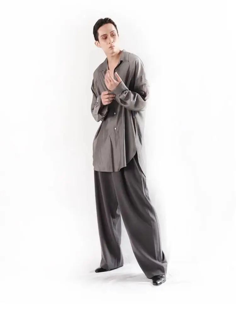 Men'S Long-Sleeve Shirt Spring And Autumn New Lapel Loose Cut Side Slit Design Fashion Casual Large Size Shirt