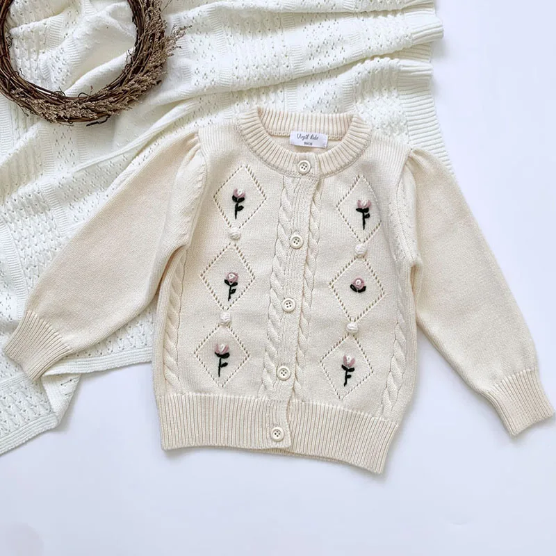 

Детская одежда, вязаный кардиган для новорожденных девочек на осень и зиму, Детские хлопковые свитера с длинным рукавом и цветочной вышивко...