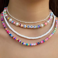4 pcs boho love rainbow clay beaded necklace for women imitation pearl choker handmade y2k aesthetic necklaces vacation jewelry