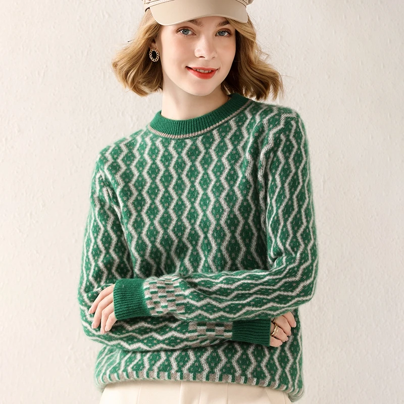 

100% Pure Wool Cashmere Sweater Ladies O-Neck Pullover Casual Knitted Plaid Top Color-blocking Long-sleeved Female Winter Jacket