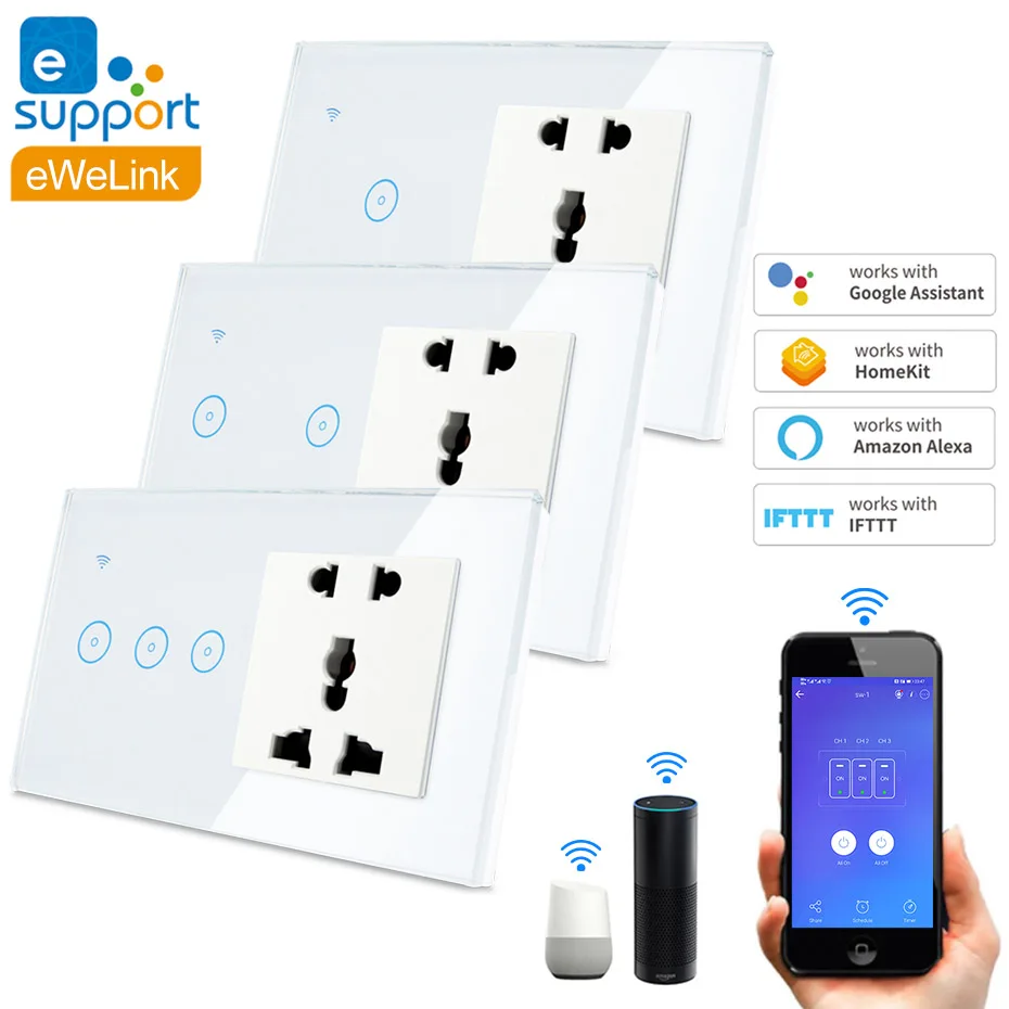 Wifi Универсальный сенсорный выключатель с гнездом 2 4G 1 3 банды AC90V 240V работа Google home