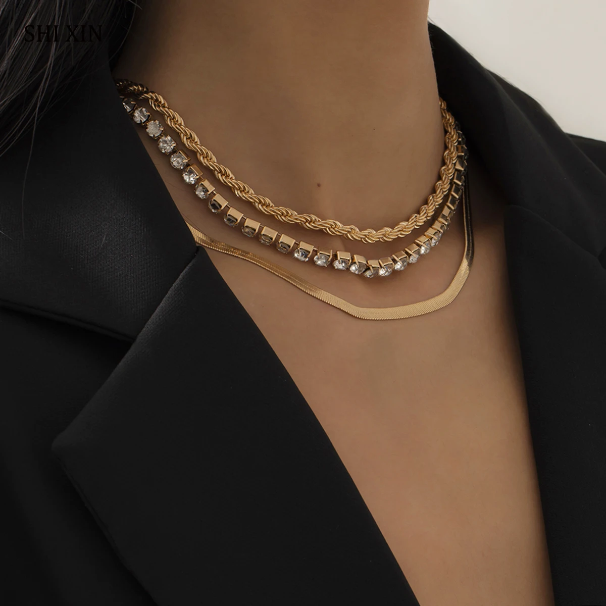 

SHIXIN Punk Snake Chain Rhinestone Necklaces Set on the Neck Hip Hop Layered Thick Link Chain Choker Necklace for Women Jewelry