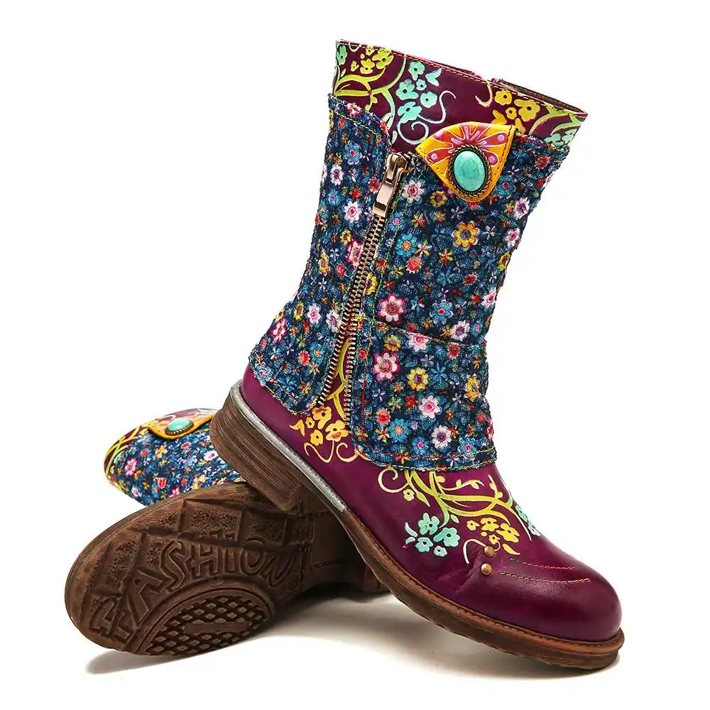 SOCOFY/Высококачественные ботинки в стиле ретро; Zapatillas; кожа; маленький цветочный узор; обувь на плоской подошве с прострочкой на молнии; женская обувь;
