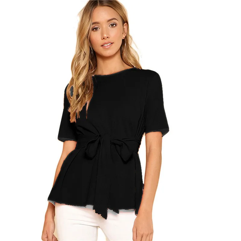 

O/V Neck Solid Tops Women 2022 Spring Summer Boho Casual With Belt Slim Fit Blouse Short Sleeve Female Tops