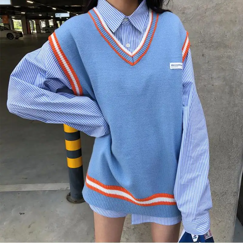 

New Pring Autumn College Style Girls Sleeveless Stripes Knit Vests Pullovers V Neck Sweaters For Jk School Uniform Student Tops