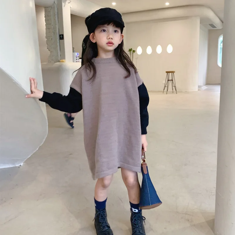 

Spring Winter Teenager Girl Long Sleeve Dress 2022 New Patcwhork Knit Dresses Fashion Clohthes School Children Sweater Autumn